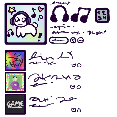 A drawing mimicking how a music playlist might look on a music player software. The playlist thumbnail is a square picture of the “tbh creature”, a white, cartoony quadrupedal creature with big shiny black eyes and a neutral expression, wearing headphones. The playlist title, to the right of this, is a series of emojis, those being headphones, two eighth notes, and a button with numbers. There are some scribbles representing a description and a few generic buttons, and then three songs below, with little album covers and scribbles for the song and artist names. The UI elements have white backgrounds.